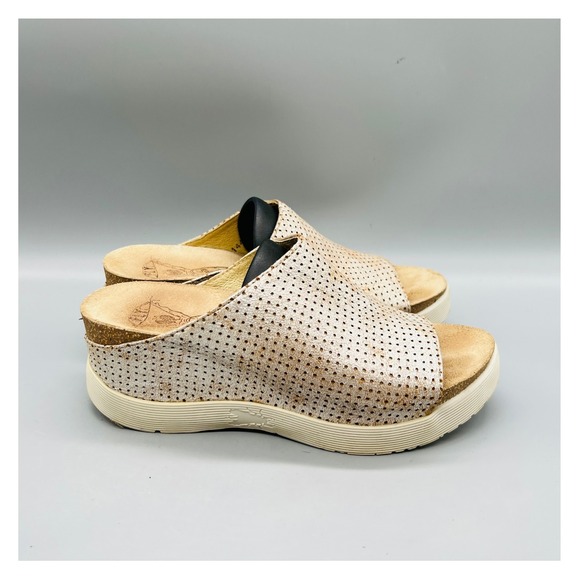 Fly London Shoes - Fly London Sandals Women 6.5 Rose Gold Leather Perforated Platform Slide Shoes